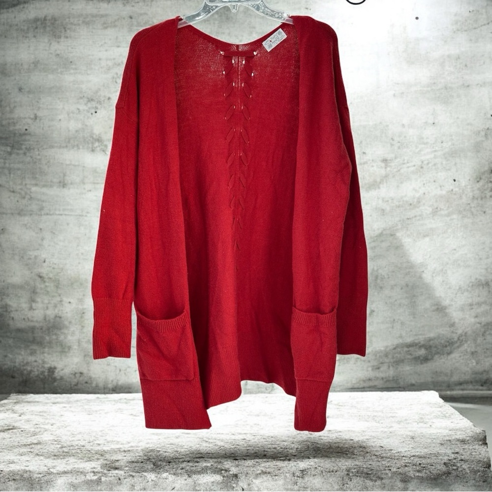 Poof Apparel Chic Rust Red Women's Cardigan w/pockets/ Unique design on back -Lg